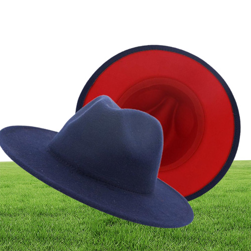 British Style Navy Blue Red Patchwork Felt Jazz Hat Cap Men Women Flat Brim Wool Blend Fedora Hats Panama Trilby Vintage Hat