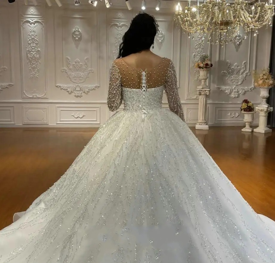 2024 New Arrival A-line Wedding Dress Scoop Full Pearls Beading Long Illusion Sleeves Women Bridal Gowns Vestido De Novia Custom Made Arabic Dubai