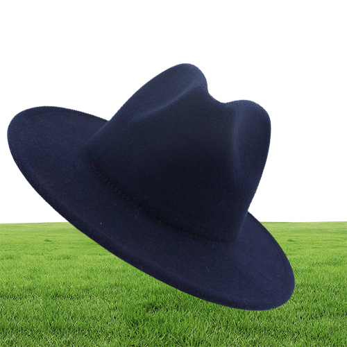 British Style Navy Blue Red Patchwork Felt Jazz Hat Cap Men Women Flat Brim Wool Blend Fedora Hats Panama Trilby Vintage Hat