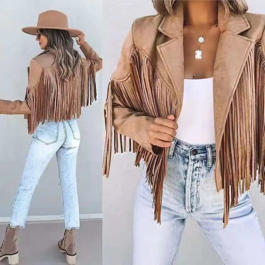 Women's Jacket Y2k Fringed Hem Tassel Cardigan Crop Tops Egirl Motor Biker Suede Leather 90s Vintage Streetwear Coat Cool 231109