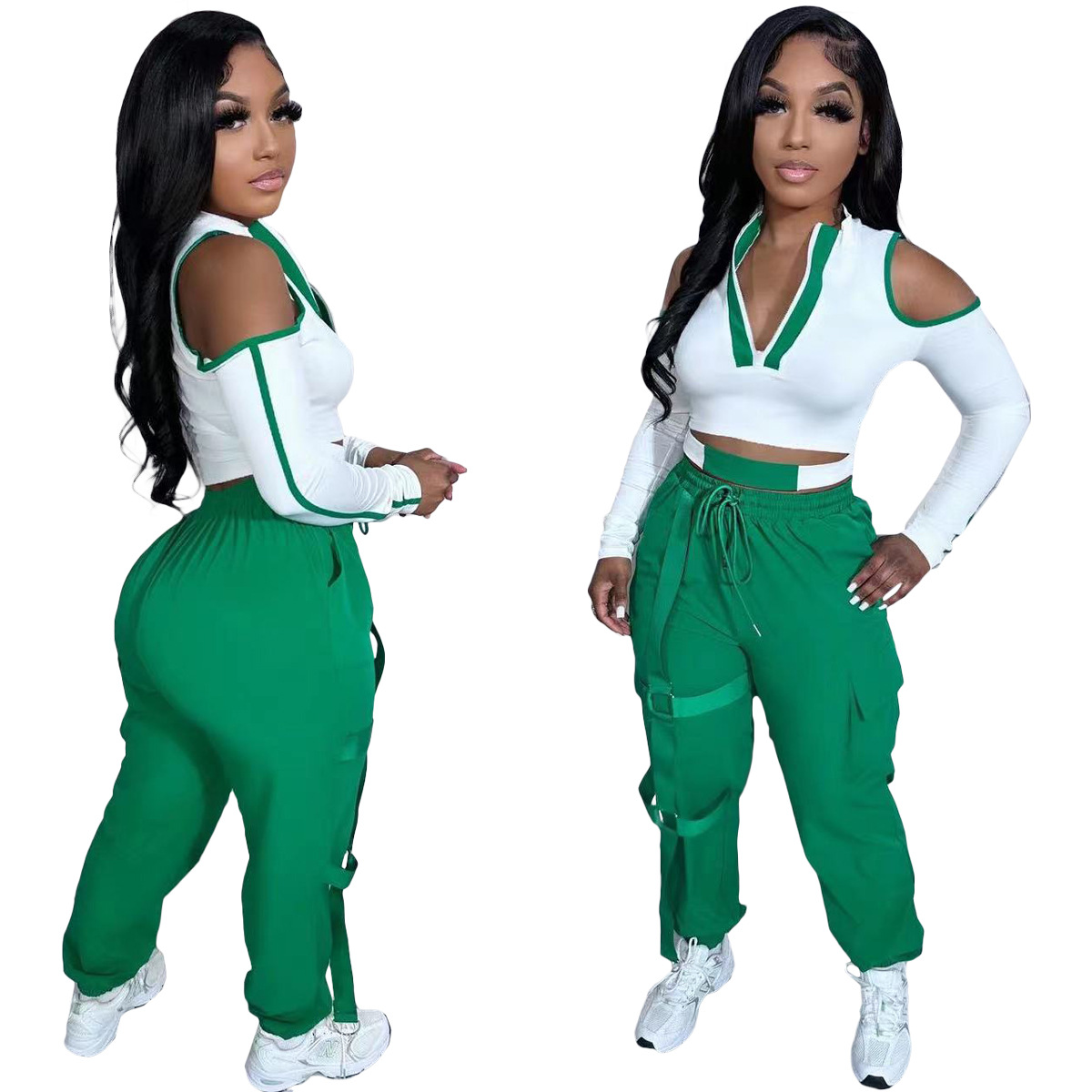 Women's Two Piece Pants Set White Green Long Cold Sleeve Zip Neck Crop Top and Cargo Pant Suits Spring Summer 2 Pcs Outfits
Women's Two Piece Pants Set White Green Long Cold Sleeve Zip Neck Crop Top and Cargo Pant Suits Spring Summer 2 Pcs Outfits