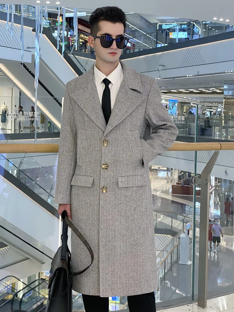 Men's Wool Blends Herringbone wool coat men's ultra long single breasted fashionable casual coffee detachable down inner jacket 231108