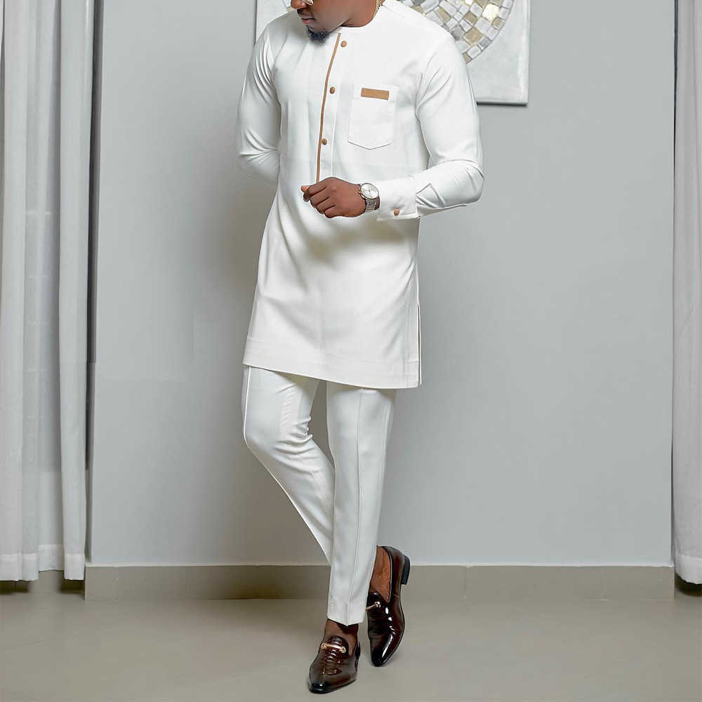 New Summer Men Sets Clothes Outfit Fashion Casual Ethnic Style Long Sleeve Shirts and Sweatpants2 Peice Party Wedding Men Suits