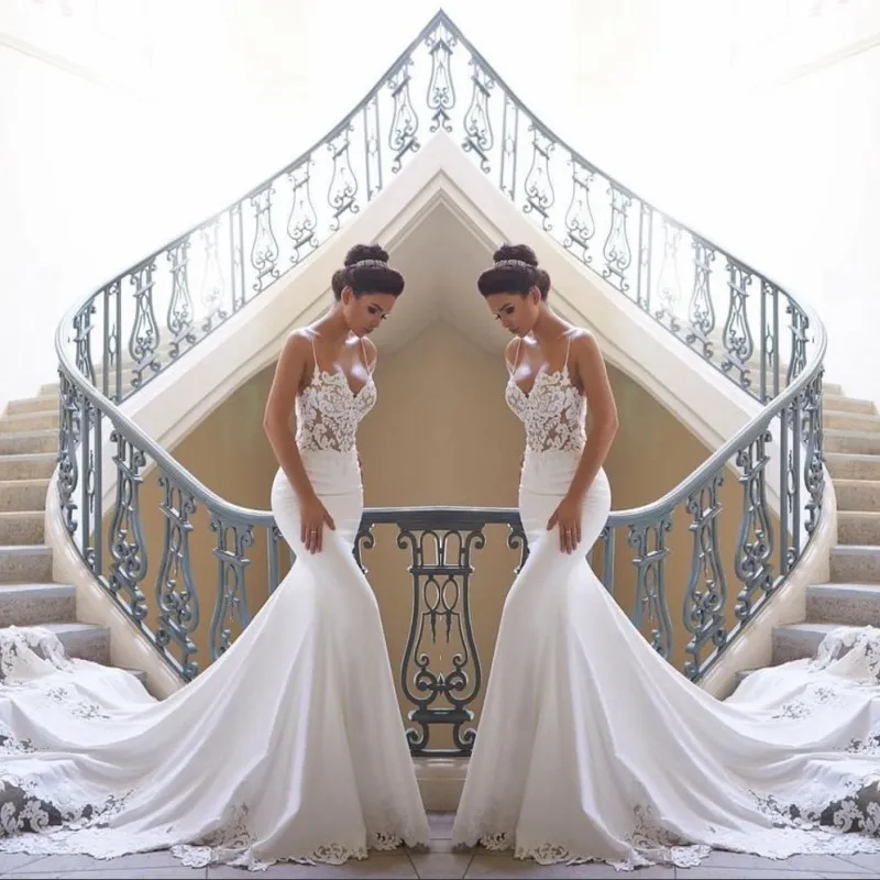 Beach Custom Made Mermaid Wedding Dresses Satin Lace Applique Backless Sweep Train Sexy Bridal Gowns