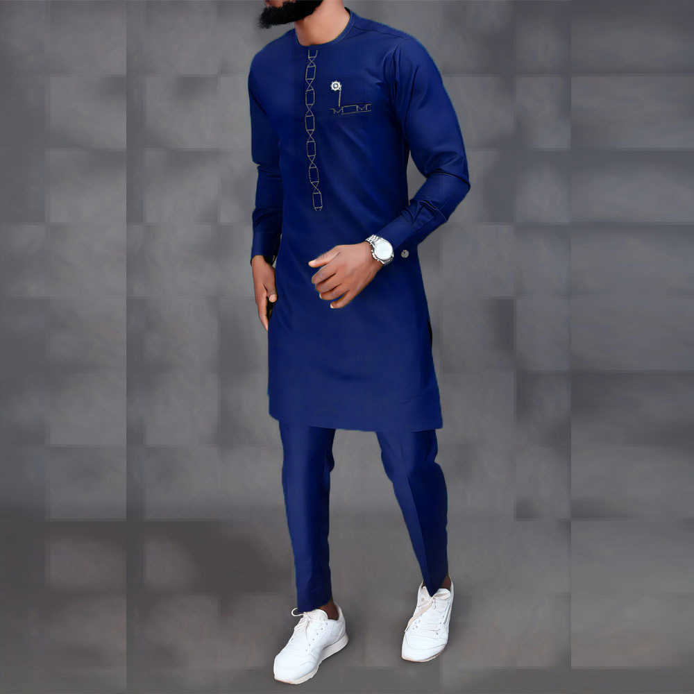 New Summer Men Sets Clothes Outfit Fashion Casual Ethnic Style Long Sleeve Shirts and Sweatpants2 Peice Party Wedding Men Suits