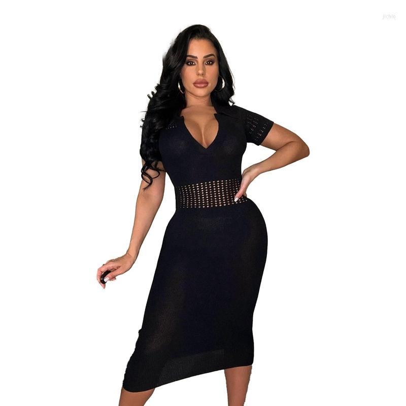 Casual Dresses Women Knit Crochet Midi Dress 2024 Summer Short Sleeve Turn Down Collar Skinny Package Hip Sexy Club Party Streetwear