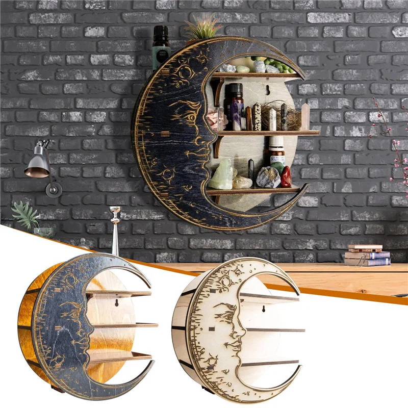 Christmas Decorations Decor for Crystal Essential Oil Nursery Wooden Moon Shelf Living Room Rustic Display Rack Wall Hanging Storage Rack Bedroom Home