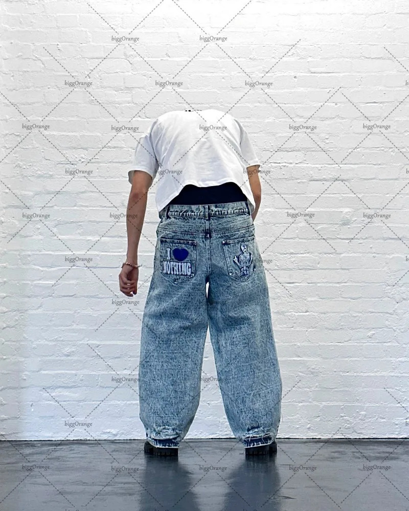 Men's Jeans European and American Embroidered Oversized Jeans for Men Y2K High Street Skull Loose High Waist Straight Wide Leg Pants Unisex 23110