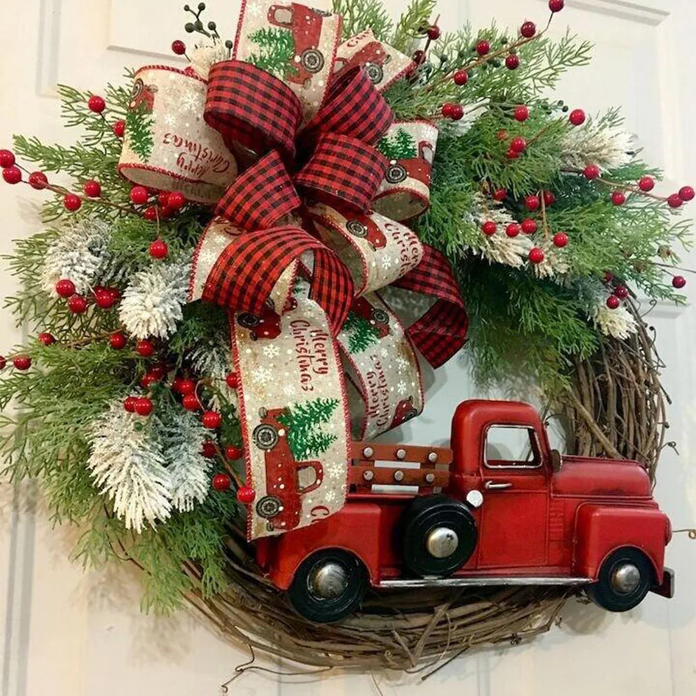 Christmas Decorations Christmas Red Truck Door Decor Wreaths with Bow Berry Pine Window Front Door Decoration Wall Hanging for Christmas Home Decora 2