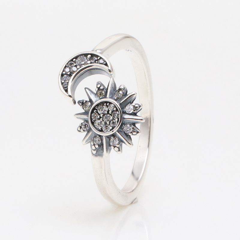 Unisex Vintage Style Sterling Silver Crystal Ring - Festive Sun Moon Motif