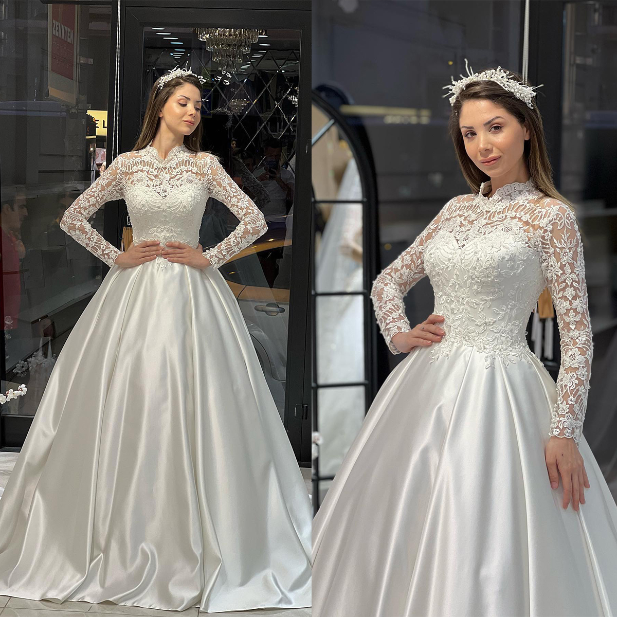 Gorgeous Ball Gown Wedding Dresses Jewel Long Sleeves Designer Lace Applicants Satin Chapel Gown Pleats Custom Made Bridal Gown Plus Size Vestidos De 