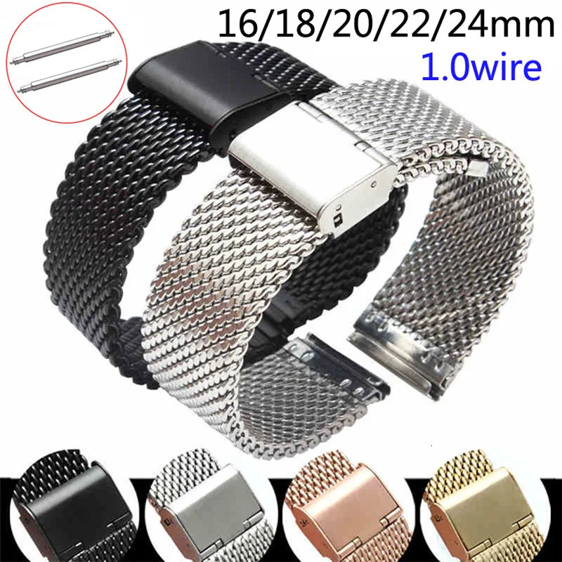 Watch Bands Replacement Watch Strap 16mm 18mm 20mm 22mm 24mm Stainless Steel ML Loop Meshed Watch Band Wrist Bracelet Fold Buckle Pins 231109