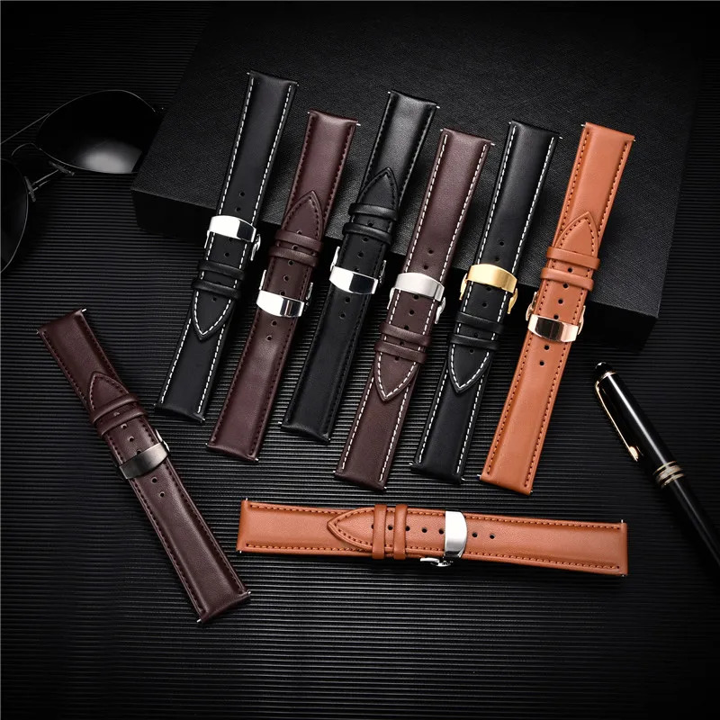 Watch Bands Leather Watch Band 18mm 20mm 22mm 24mm Straps Stainless Steel Butterfly Buckle Clasp Leather Bracelet Black Brown Wristband Belt 231109