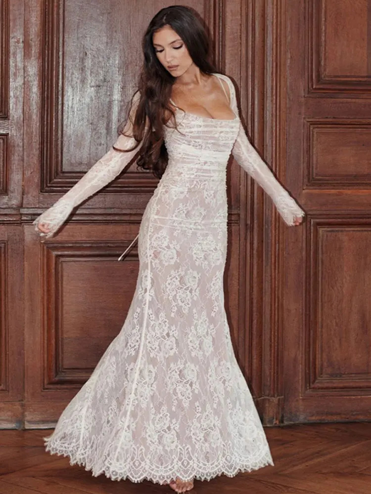 Basic Casual Dresses Elegant Lace Embroidery Sling Maxi Dres Fashion Sleeveless Back Bandage Bodycon 2023 Female Solid Party Club Robe 231109
