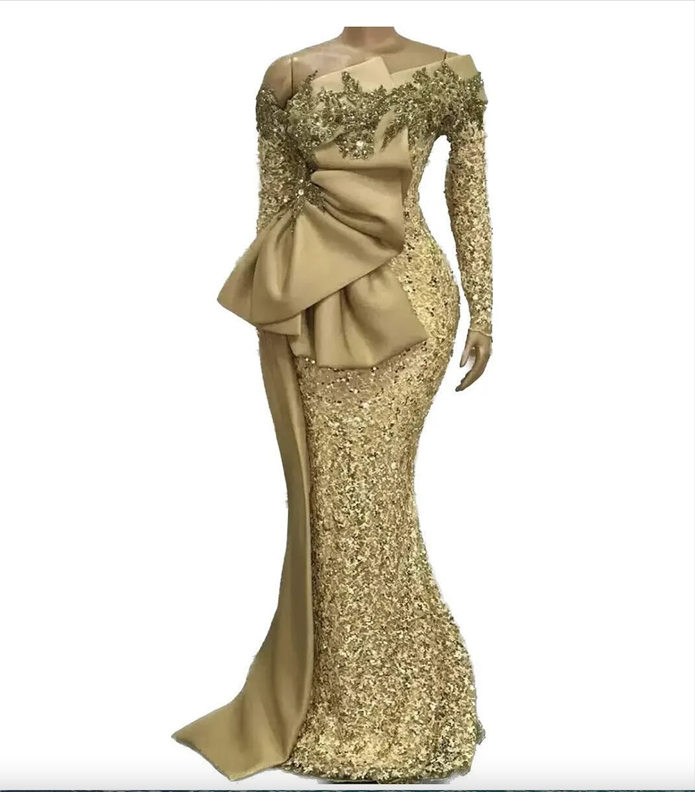New Elegant African Evening Dresses 2023 Long Sleeves Sequin Mermaid Formal Dress Aso Ebi Gold Beaded Prom Gowns Robe De Soiree