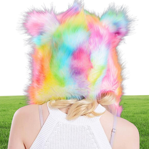 Faux Fur Hood Animal Hat Ear Flaps Hand Pockets 3 in1 Animals Hood Hats Warm Cap With Scarf Gloves