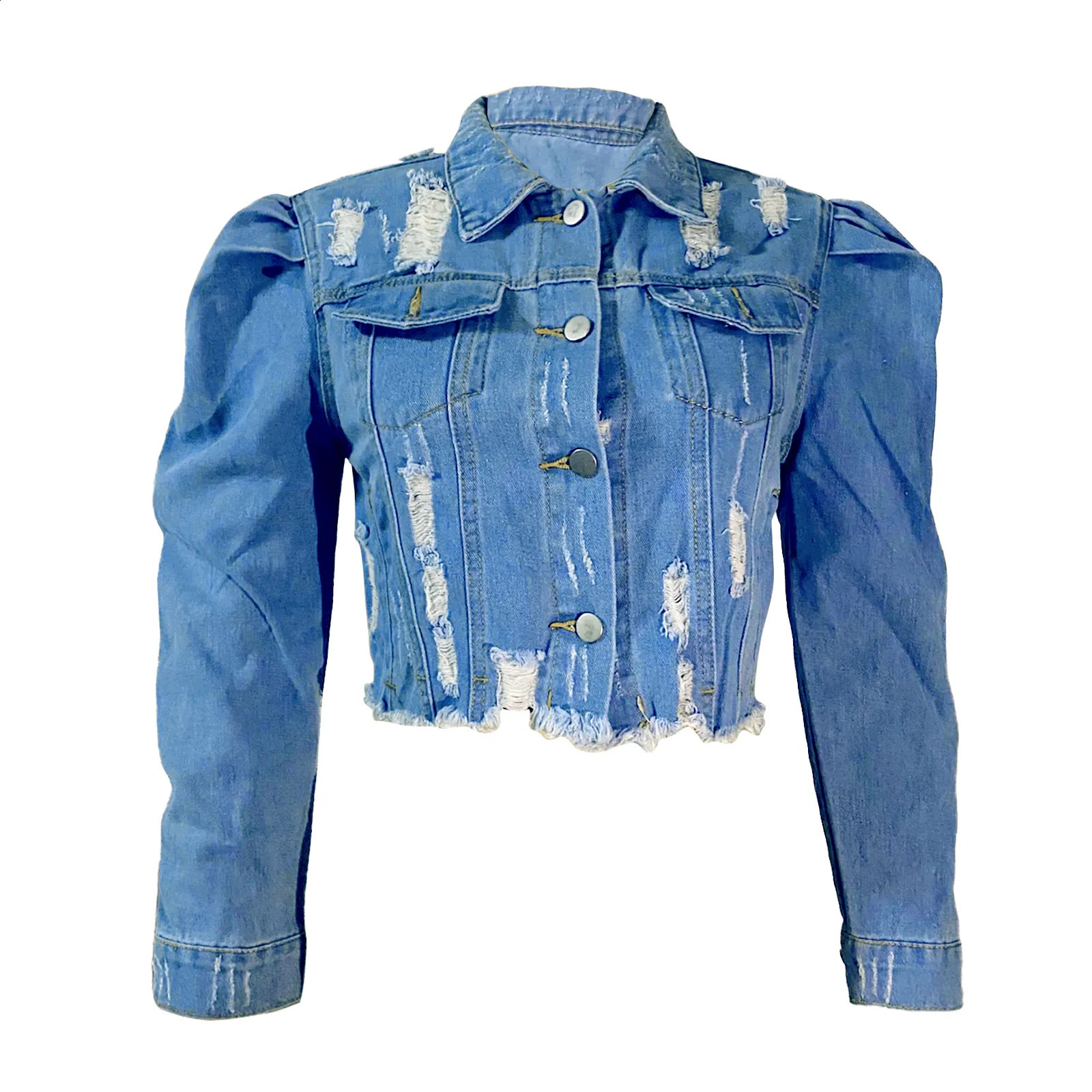 Women's Jackets Y2k Ripped Denim Jacket Casual Long Puff Sleeve Button Down Cropped Jean Coats for Fall 231109