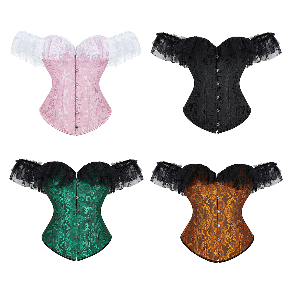 Women Gothic Jacquard Lolita Overbust Corset Top with Lace Off-shoulder Sleeves Plus Size Fashion Shapewear Victorian Corpete Korset Clubwear Multicol