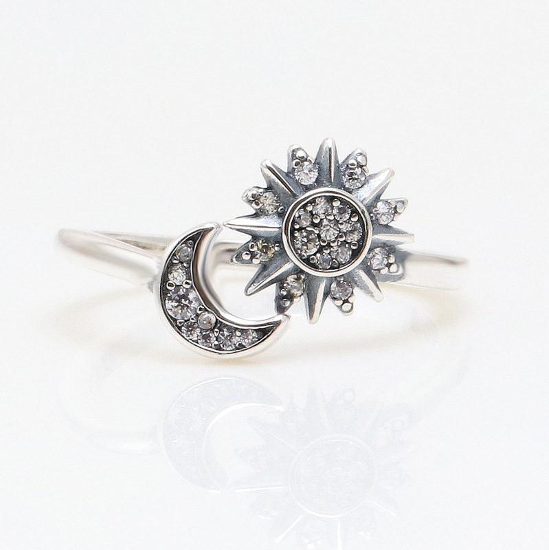 Unisex Vintage Style Sterling Silver Crystal Ring - Festive Sun Moon Motif