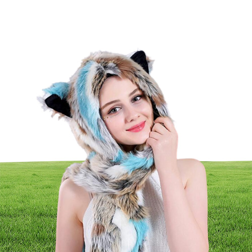 Faux Fur Hood Animal Hat Ear Flaps Hand Pockets 3 in1 Animals Hood Hats Warm Cap With Scarf Gloves