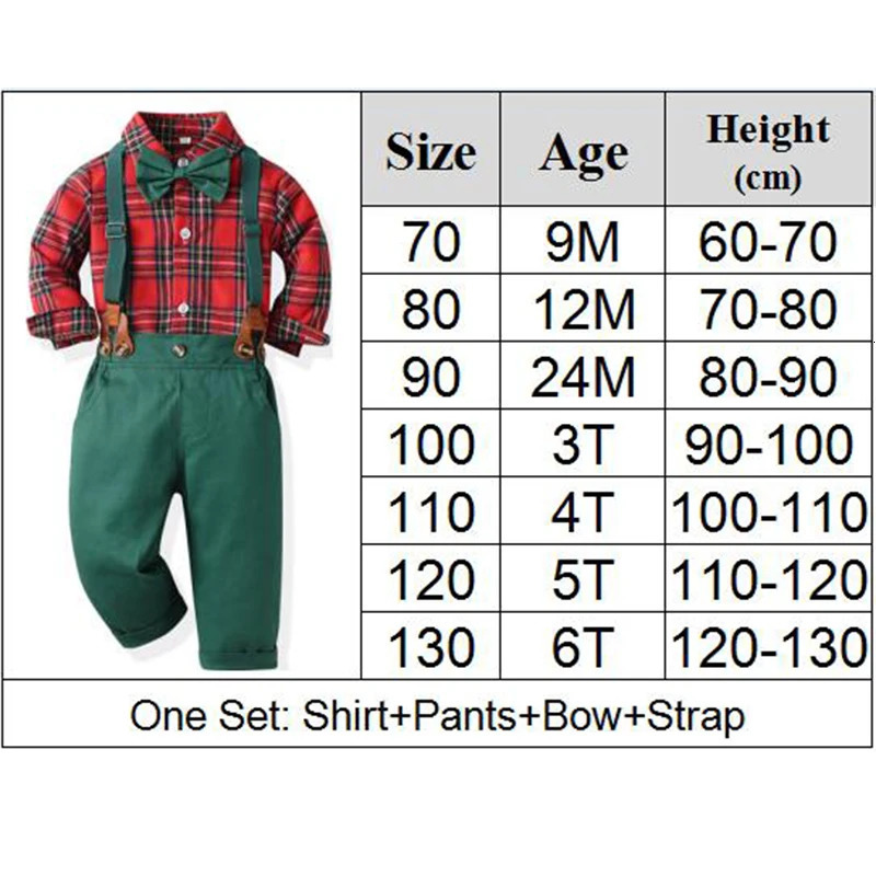 Clothing Sets Boys' Set Children's Christmas Gentlemen Dress Long Sleeve Plaid Shirt Autumn Winter Green Strap Pants Kid Boutique Outfits 23