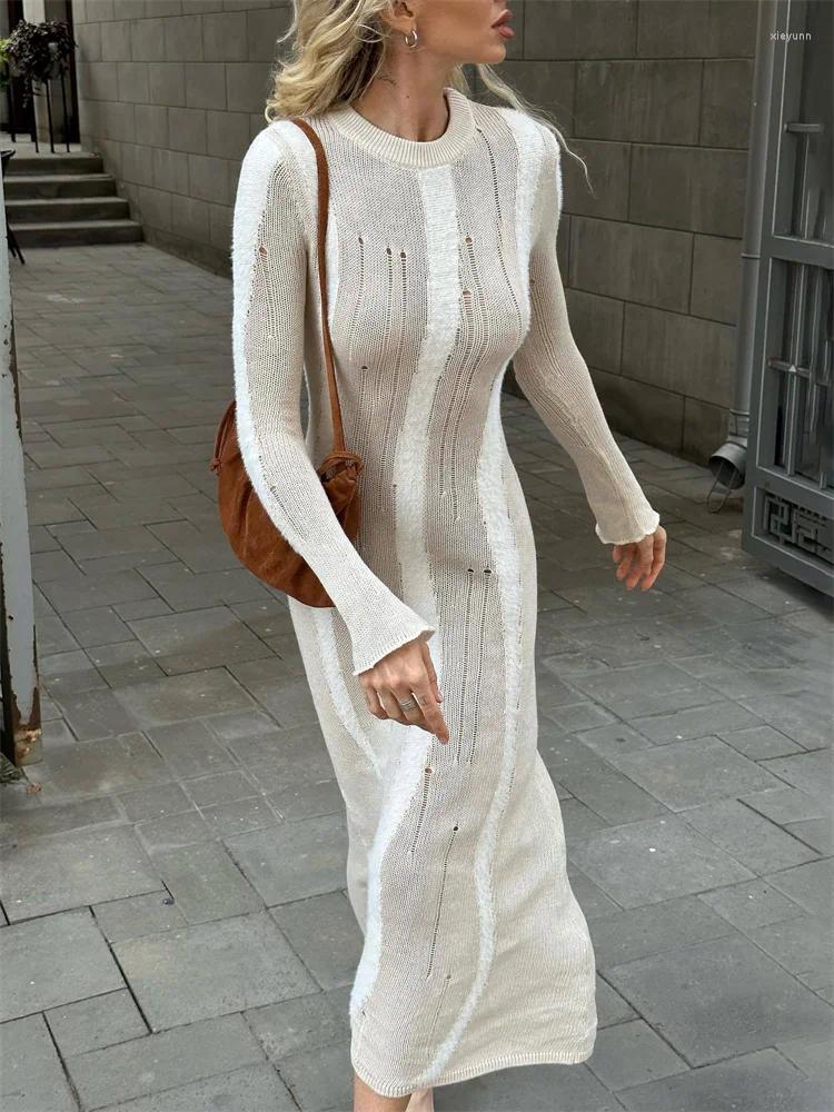 Casual Dresses Tossy Hollow Out Knit Maxi Dress Female Slim Long Sleeve Summer 2023 Beach Holiday Patchwork Knitwear For Women