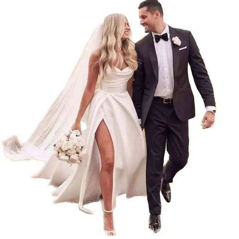 2023 A Line Wedding Dresses Country Beach Ivory Side Split Sweetheart Vintage Bridal Gowns Plus Size Satin Sweep Train Vestido De Novia