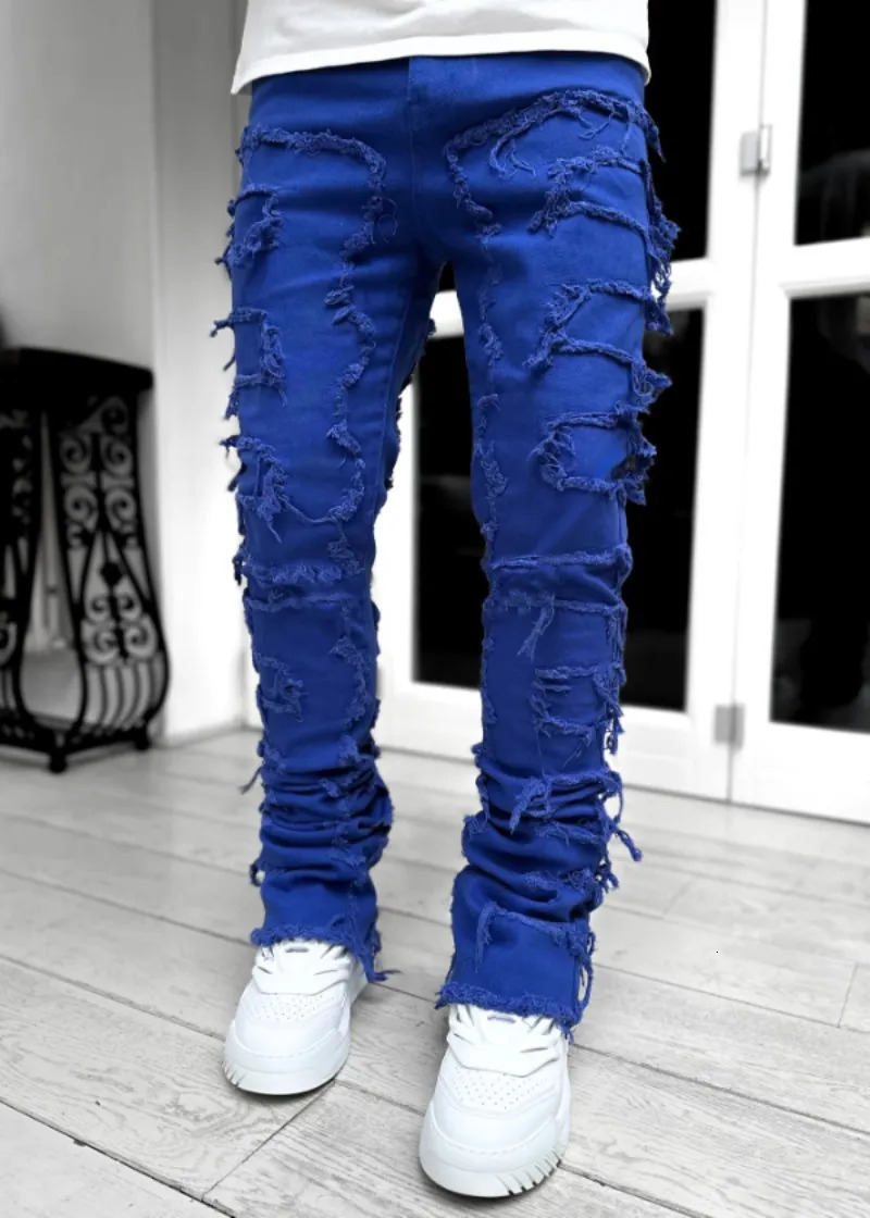 Men's Jeans European and American street fashion ins style elastic patch denim straight-leg pants men's fashion retro denim trousers 231109