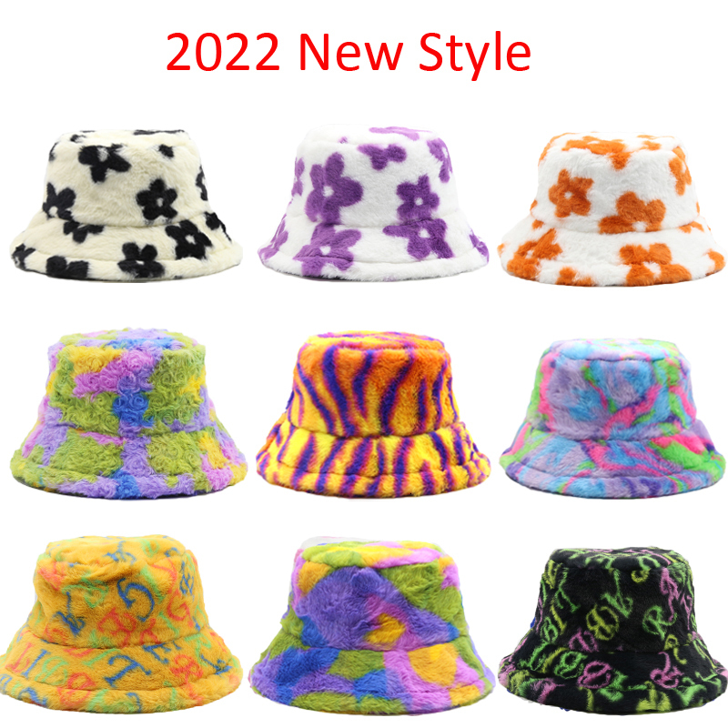Wide Brim Hats Bucket Hats Winter Cow Leopard Faux Fur Fluffy Bucket Hats Women Outdoor Warm Sun Hat Soft Velvet Furry Fisherman Cap Girl Fashion Pana