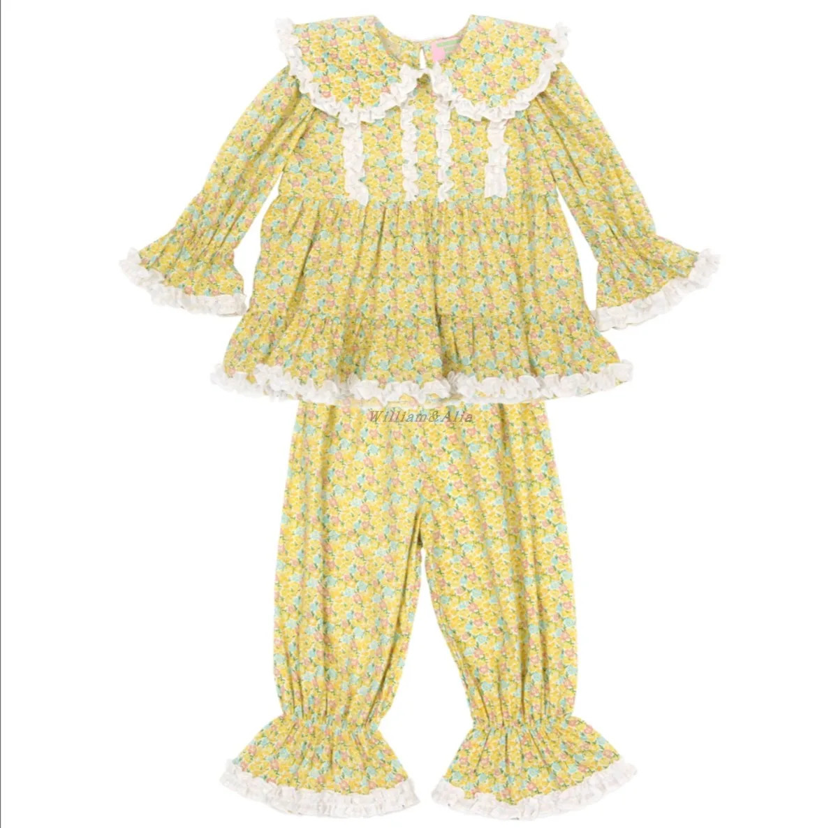 Pajamas Girl's Cotton Yellow Floral Pajama Sets.Vintage Toddler Kid's Peter Pan Collar Pyjamas Set Sleep Loungewear.Children's Clothing