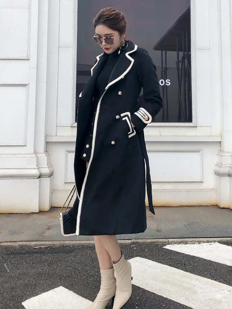 Womens Wool Blends Winter Double Breasted Black Long Woolen Coats Women Thicken Slim Blend Jackets Warm Cotton Padded Lined Abrigos Largos 231109