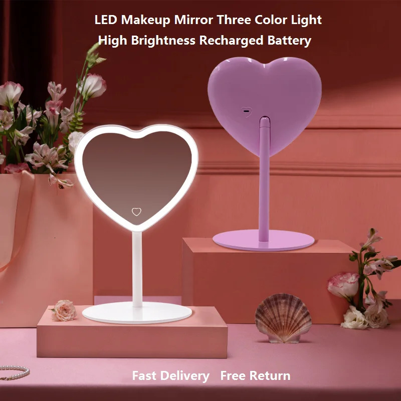 Compact Mirrors Desktop Led Heart Shape Vanity Mirror Adjustable Three-color Light Cosmetic Rechargeable Makeup Mirrors 231109
