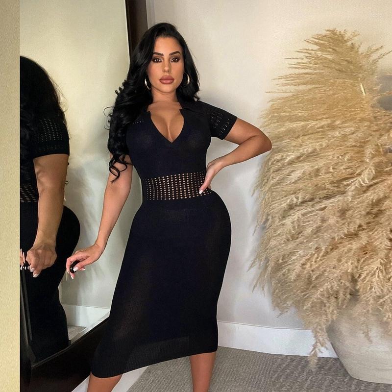 Casual Dresses Women Knit Crochet Midi Dress 2024 Summer Short Sleeve Turn Down Collar Skinny Package Hip Sexy Club Party Streetwear
