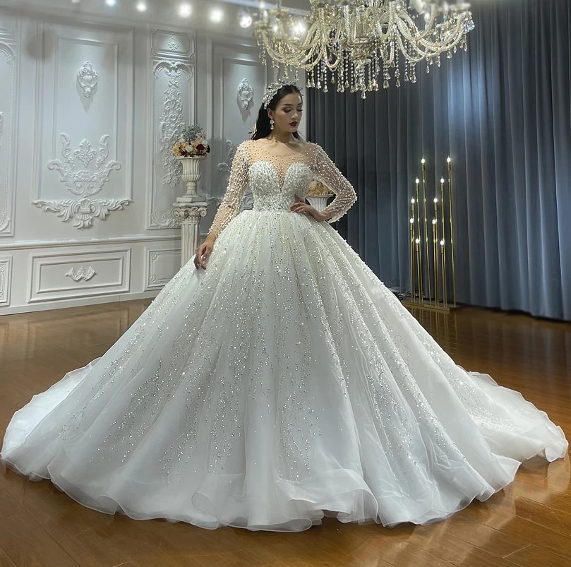 2024 New Arrival A-line Wedding Dress Scoop Full Pearls Beading Long Illusion Sleeves Women Bridal Gowns Vestido De Novia Custom Made Arabic Dubai