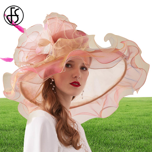 FS Pink Organza Kentucky Derby Hat For Women Wide Brim Beach Big Sun Hats Flowers Elegant Ladies Wedding Church Party Fedoras 2103