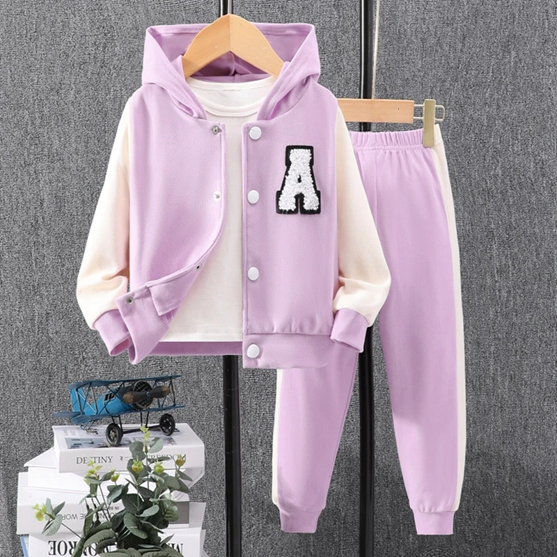 Clothing Sets BeQeuewll Girls Autumn 2PCS Pants Sets For FallLong Sleeve Letter Patch Hooded Coat Contrast Color Pants Sets For 2 8 Years 231109