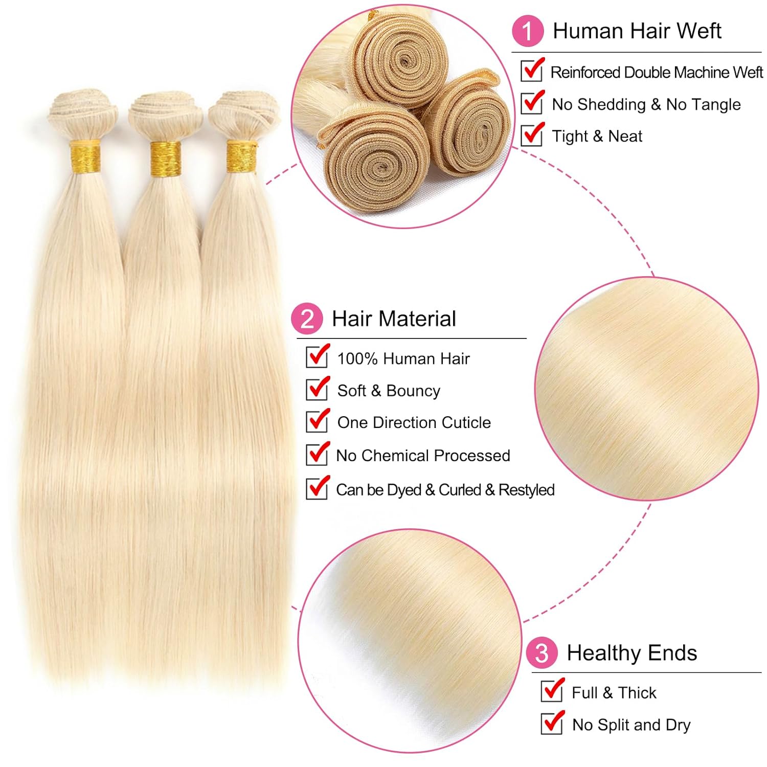 613 Blonde Brazilian Straight Human Hair Weaves Full Head 3pcs/lot Double Wefts Remy Hair Extensions