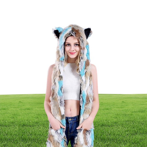 Faux Fur Hood Animal Hat Ear Flaps Hand Pockets 3 in1 Animals Hood Hats Warm Cap With Scarf Gloves