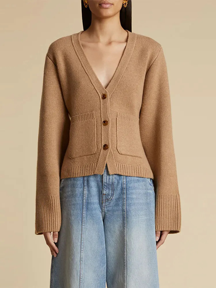 Women s Knits Tees Solid V neck Single Breasted Cardigan Women Long Sleeve Pockets Ruched Quilted Spliced Slim Jumper Fashion Highstreet Sweater 23110