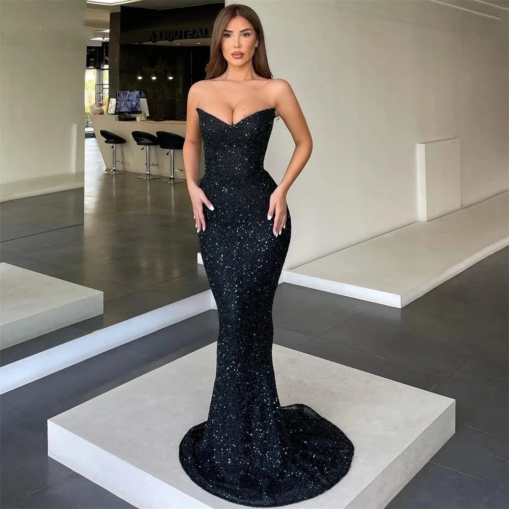 Glitter Black Mermaid Evening Dress 2024 Strapless V Neck Shiny Bodycon Dubai Prom Dresses Arabia Backless Bride Party Gowns Robe De Soiree 0213