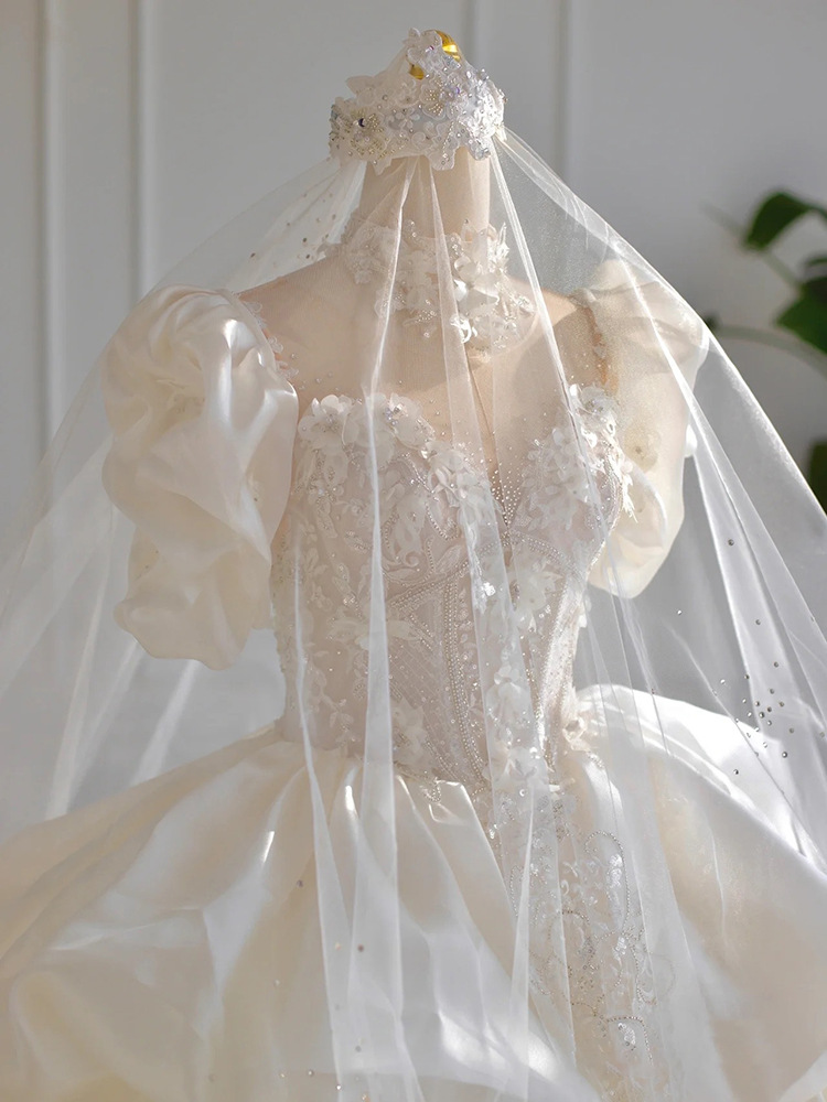 Ball Gown Wedding Dresses flower beaded Sheer crystal Neck Crystal Beaded Appliqued Bridal Gowns lace stain sequined designer Vestido De Novias