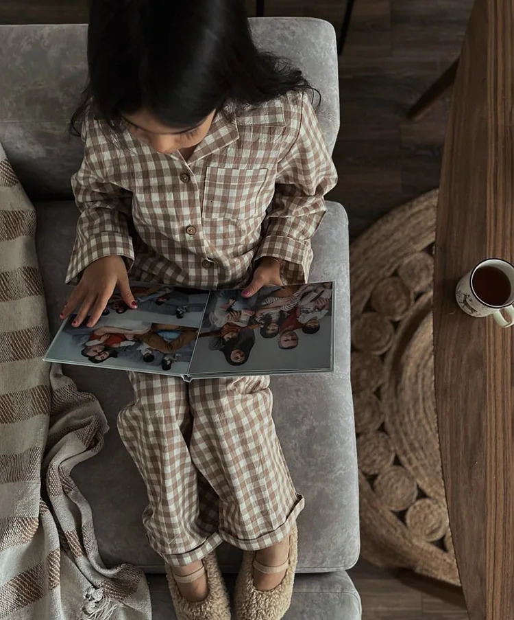 Pajamas Cute Kid Girl's Turndown Collar Brown Plaid Pajama Sets.Vintage Toddler Kid's Pyjamas Set Sleep Loungewear.Children's Clothing 