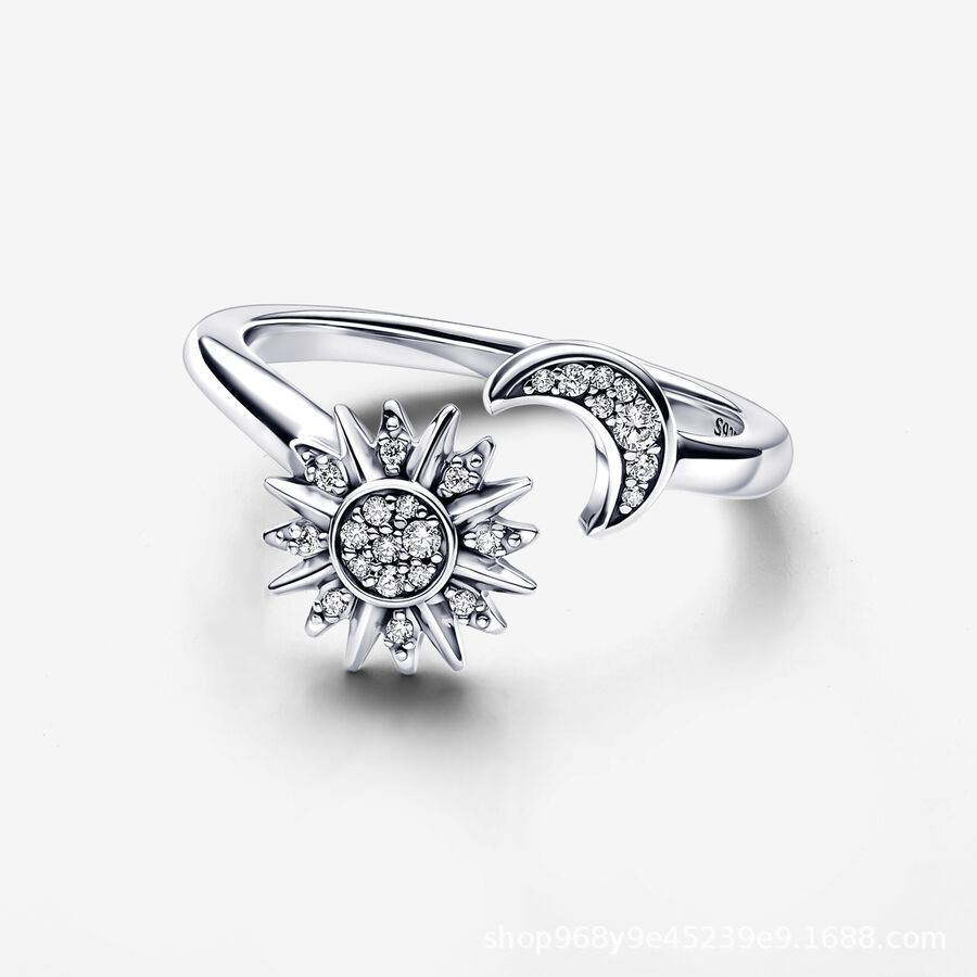Unisex Vintage Style Sterling Silver Crystal Ring - Festive Sun Moon Motif