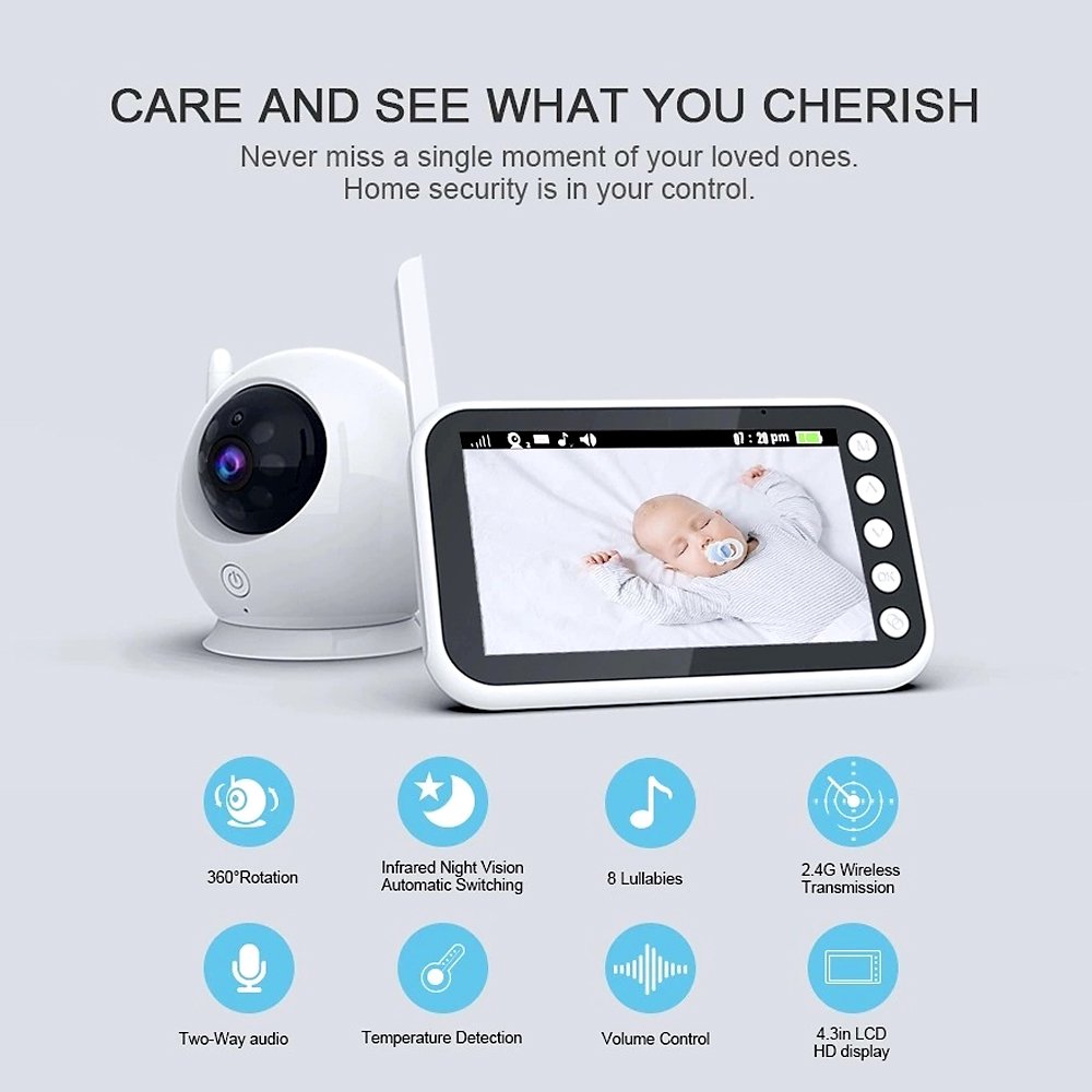 4.3-inch Video Baby Monitor with Camera and Audio Remote 2-Way Talk Infrared Night Vision 8 Lullabies