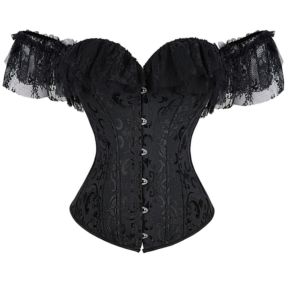 Women Gothic Jacquard Lolita Overbust Corset Top with Lace Off-shoulder Sleeves Plus Size Fashion Shapewear Victorian Corpete Korset Clubwear Multicol