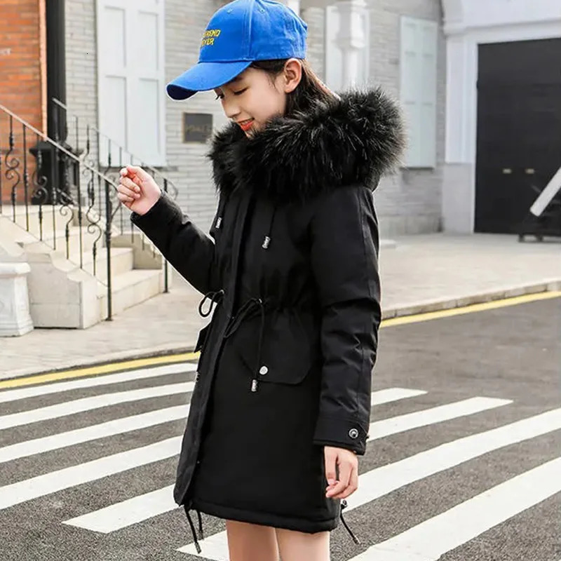 Down Coat 5-14 Years Teen Girls Winter Jacket Plus Velvet Warm Kids Windbreaker Coat For Girls Fur Collar Hooded Parkas Children Outerwear 231108