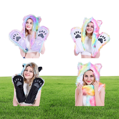 Faux Fur Hood Animal Hat Ear Flaps Hand Pockets 3 in1 Animals Hood Hats Warm Cap With Scarf Gloves