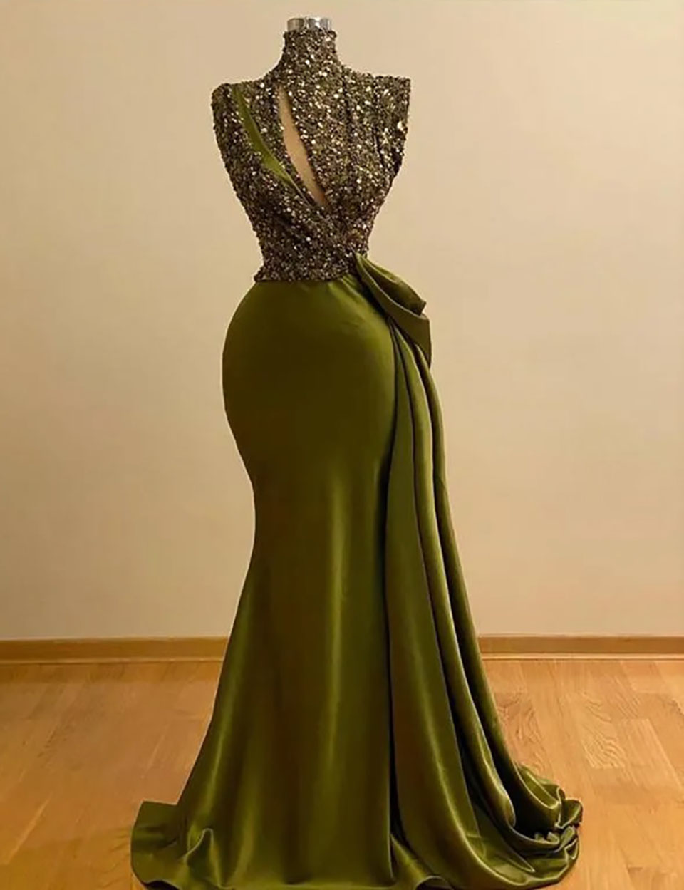 Prom Gown Party Hunter Green Evening Dresses Custom Plus Size Lace Up Zipper New Satin Mermaid High Neck Sleeveless Sequins