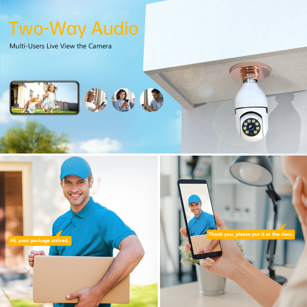 1080P E27 Light Bulb Camera Outdoor 2.4G WiFi Wireless Camera Color Night Vision 2-Way Audio 360° Panoramic IP Dome Camera with Motion De