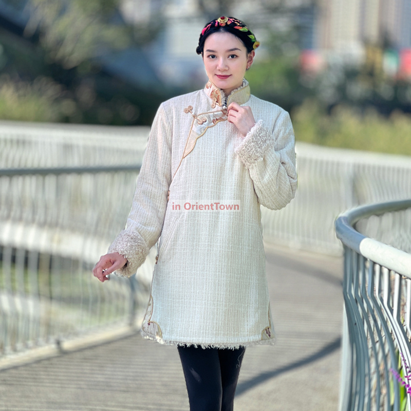 China Himalayan Tibetan Winter Clothing Women Lhasa Coat Tibet Holidays Black Beige Taking Photo Tour Costume Ethnic Improved Overcoat